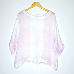 PURE JILL 3/4-Sleeve Linen Oversized Top in Pink White Plaid Lightweight M